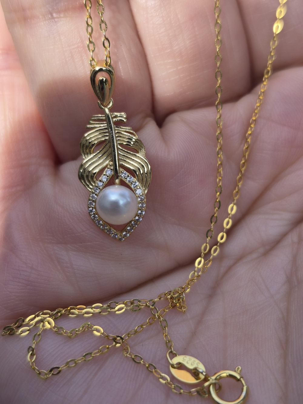 Gold Pearl & Crystal Feather Pendant Necklace - Elegant Women's Necklace